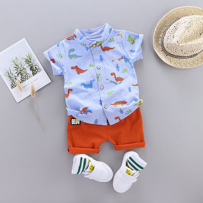 Kids Fashion All Over Print Dinosaur Short Sleeve Shirt Set