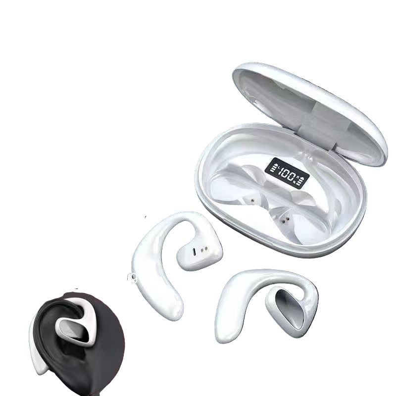 White wireless earbuds with charging case on a dark textured background