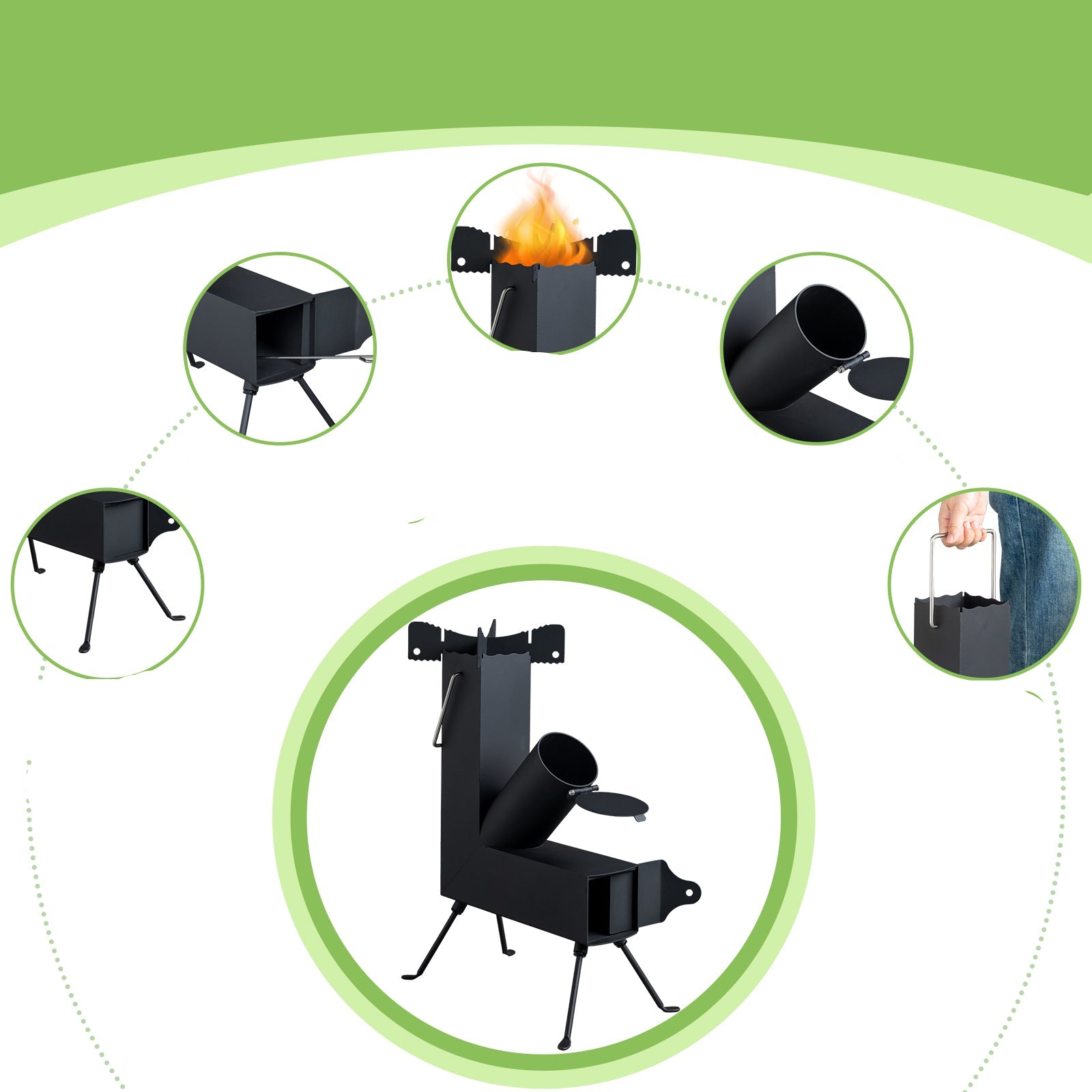 Package content diagram of a portable stove with features highlighted.
