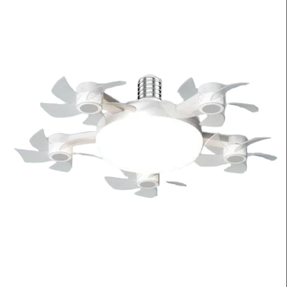A ceiling fan product infographic on a light blue-gray background, showing the white ceiling fan with four blades, a remote control, text describing features, an unfolded size measurement of 52 cm, and a specification table at the bottom.