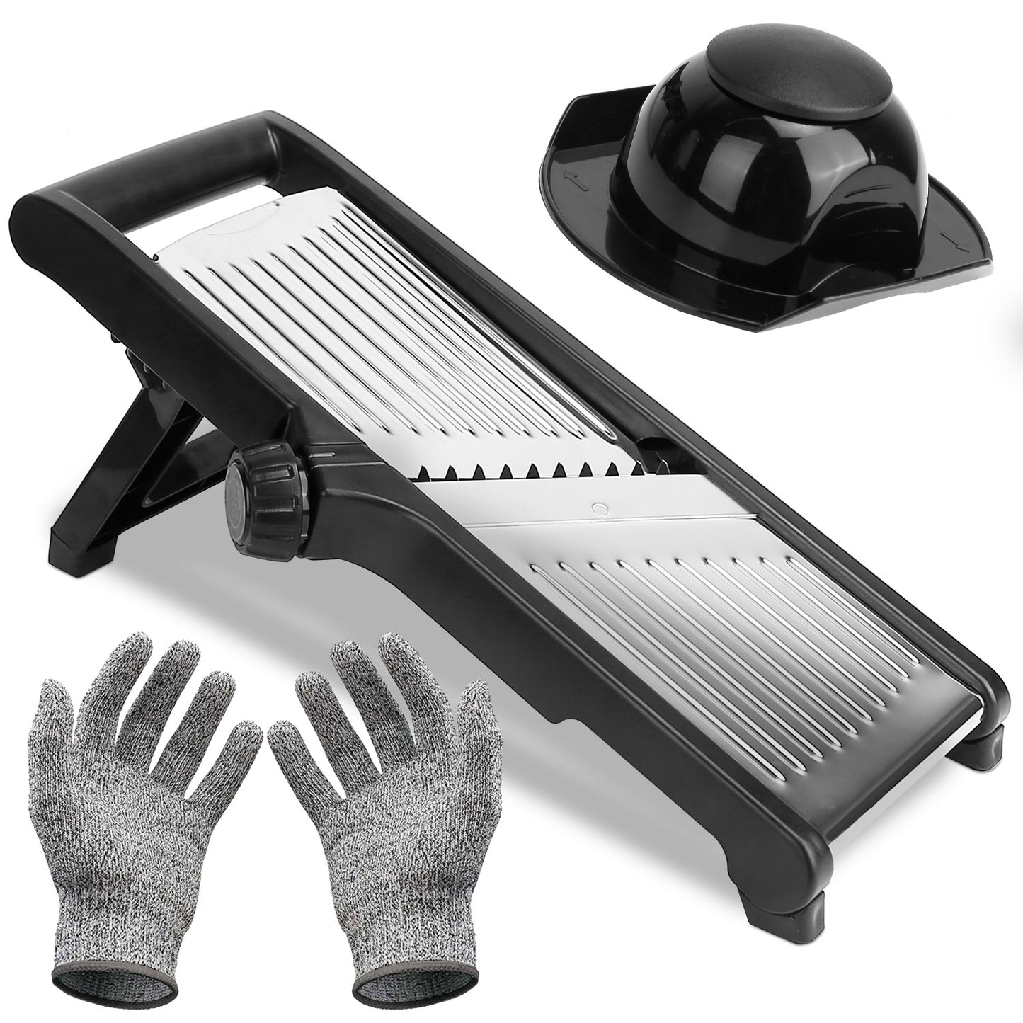 Black and silver mandoline slicer with a stand, blade cover, and two gloves on a white background