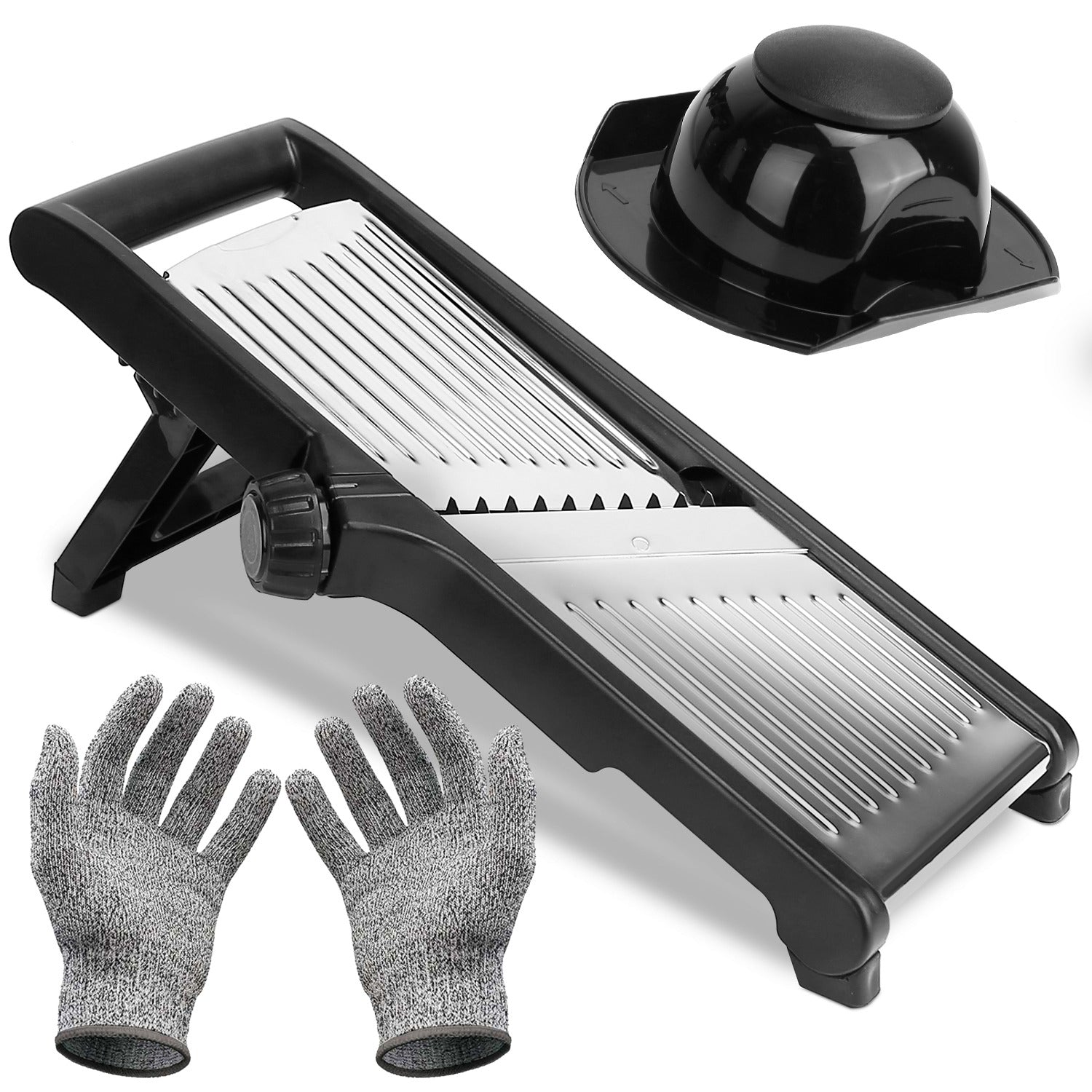 Black and silver mandoline slicer with a stand, blade cover, and two gloves on a white background