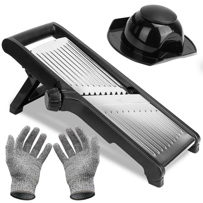 Black and silver mandoline slicer with a stand, blade cover, and two gloves on a white background