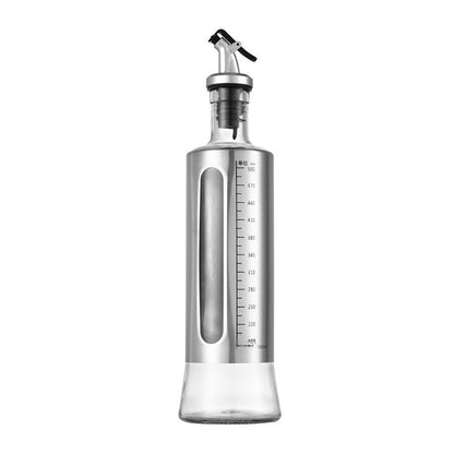 Olive oil bottle with measurement markings and dimensions on a white background