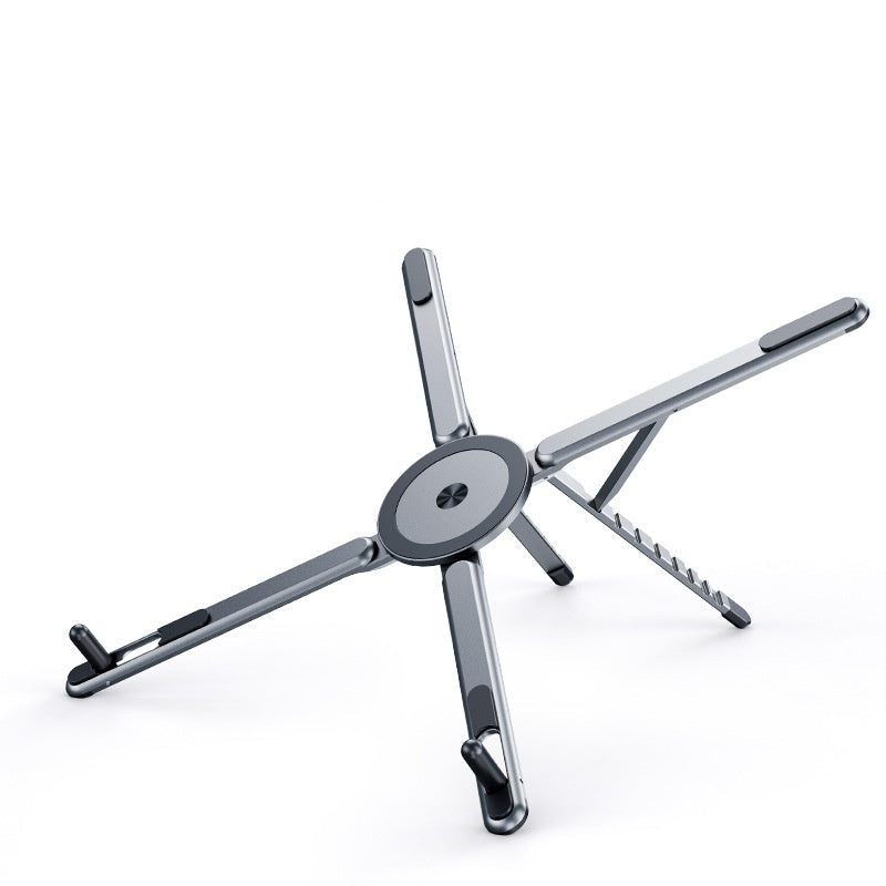 Gunmetal gray metal stand on a white background with text about material and features.
