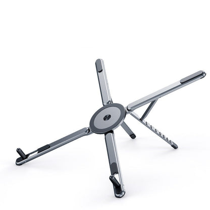 Gunmetal gray metal stand on a white background with text about material and features.