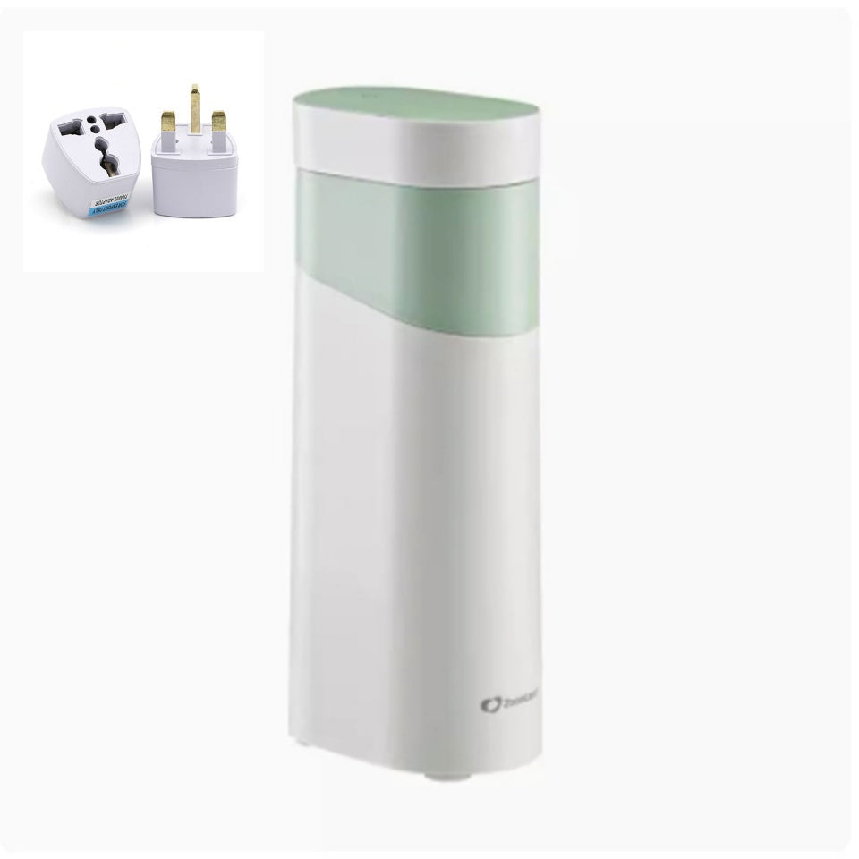 White and green electronic device with UK plug adapter on a white background