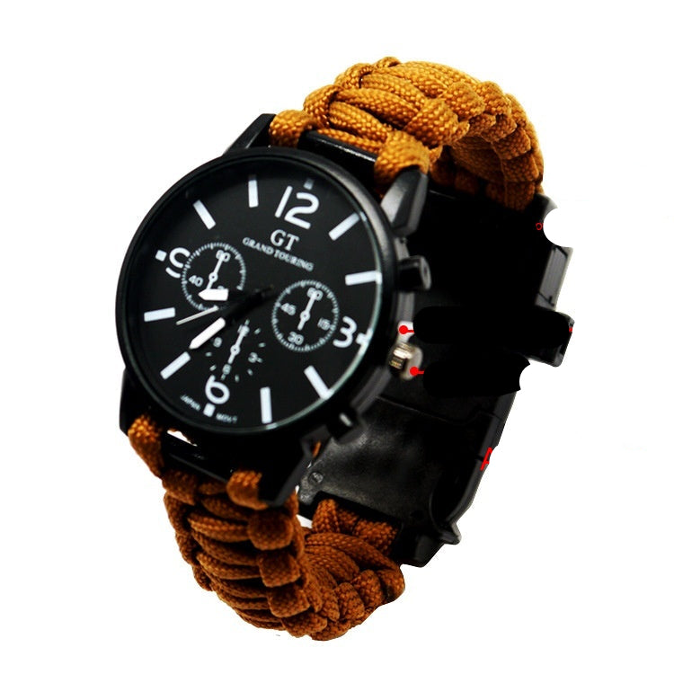 Wristwatch with brown braided strap and black dial on a white background