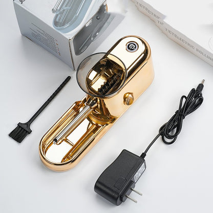Gold electric wine opener with a black power adapter on a white background