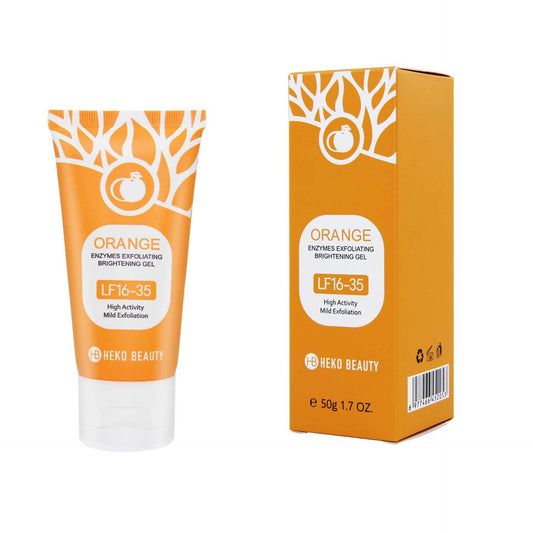 Orange skincare gel tube and packaging with 'HEKO BEAUTY' branding on a white background