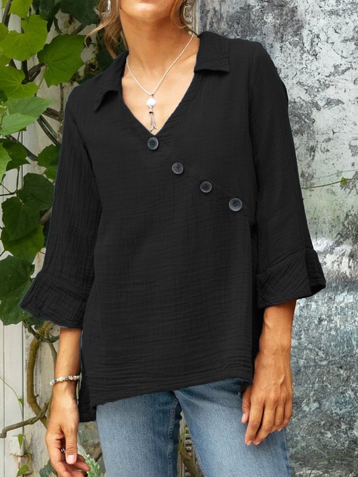 Women's Cotton And Linen Button V-neck Shirt Top