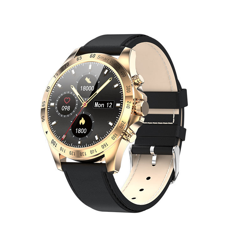 Smartwatch with black strap and gold casing on a white background