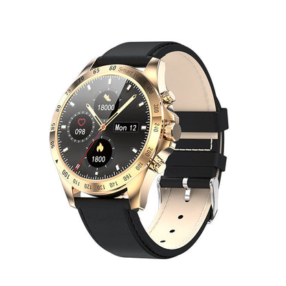 Smartwatch with black strap and gold casing on a white background