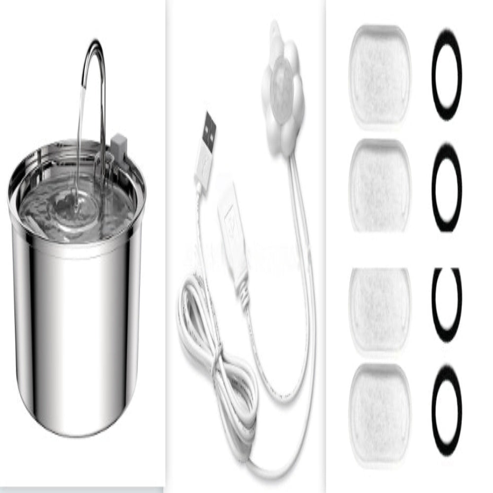Stainless steel pet water fountain with USB cable and replacement filters on a white background