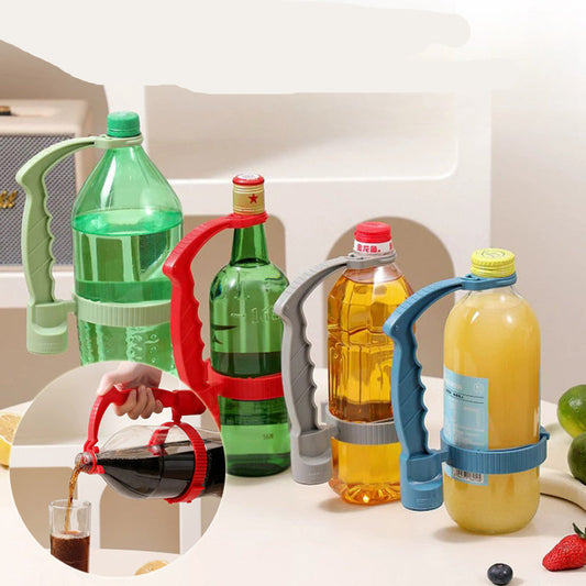 Beverage Pouring Handles being used with various bottles on a kitchen counter.
