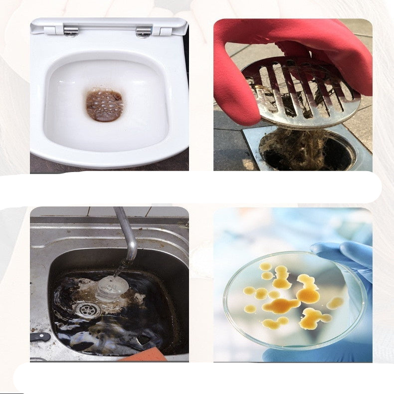 Collage of images showing pipe blockage issues including a clogged toilet, drain, sink, and bacteria growth.