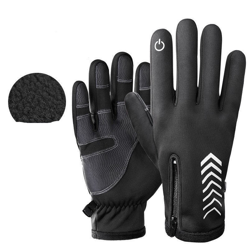 Black gloves with composite polar fleece and screen printing on a white background