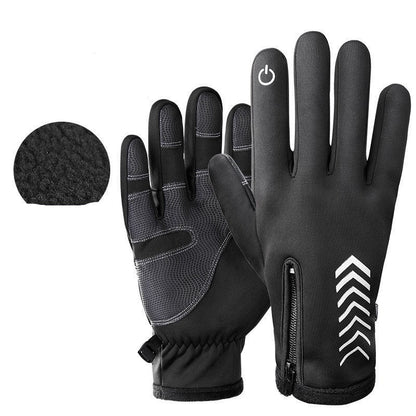 Black gloves with composite polar fleece and screen printing on a white background