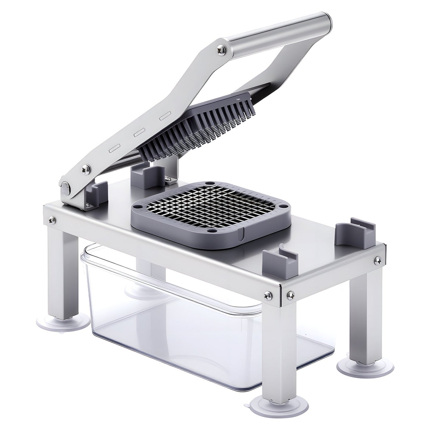 Metallic kitchen tool with a clear container on a white background