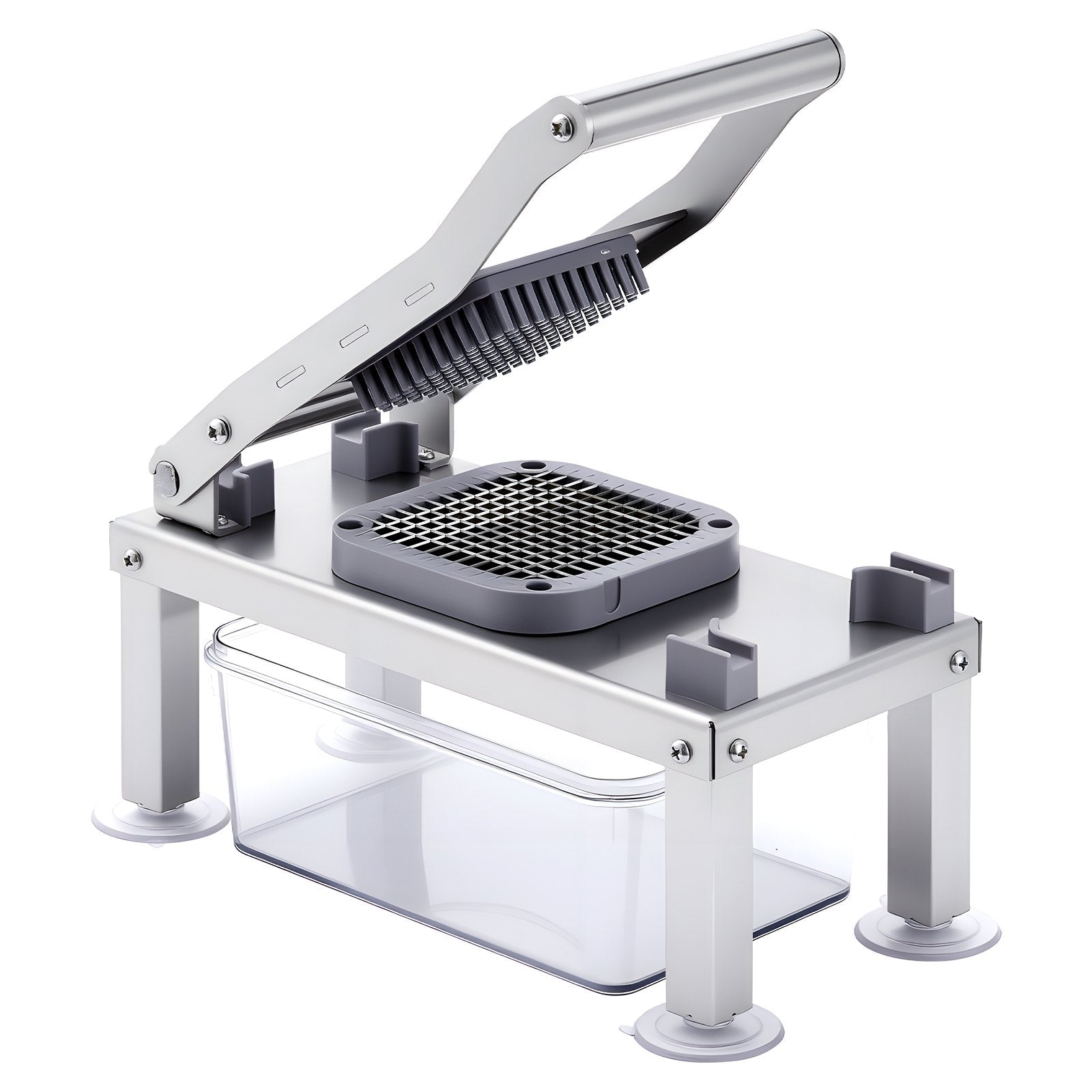 Metallic kitchen tool with a clear container on a white background