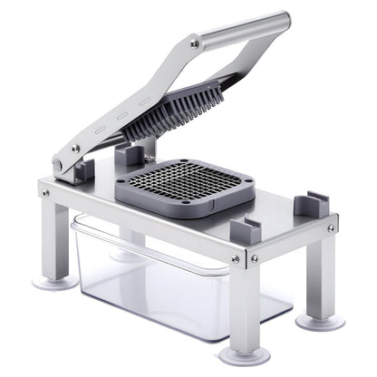Metallic kitchen tool with a clear container on a white background