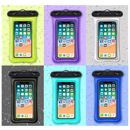 Six waterproof phone cases displayed against a white background with water droplets.