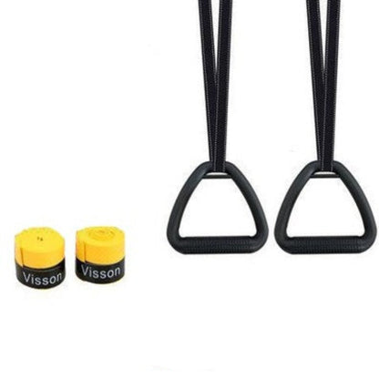 Two black exercise straps with yellow handles and 'Visson' branding on a white background.