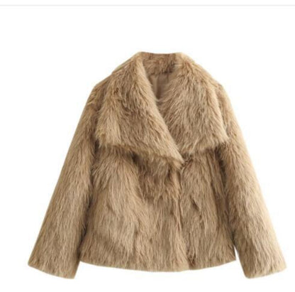Beige faux fur jacket on a white background