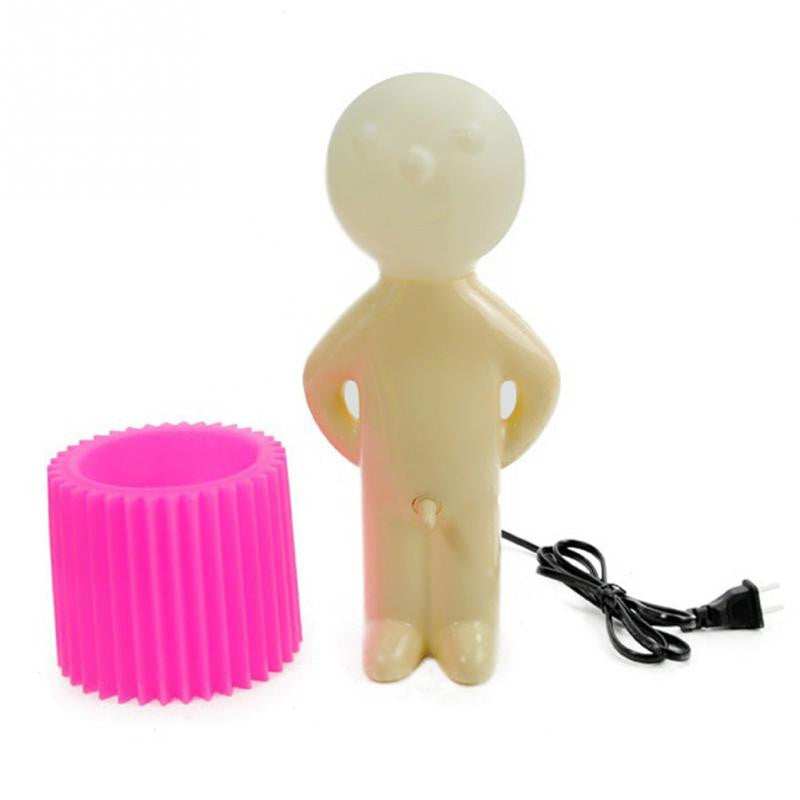 Plastic figure with a pink cylindrical object on a white background