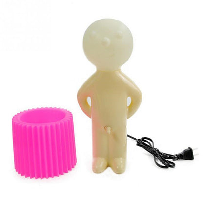 Plastic figure with a pink cylindrical object on a white background