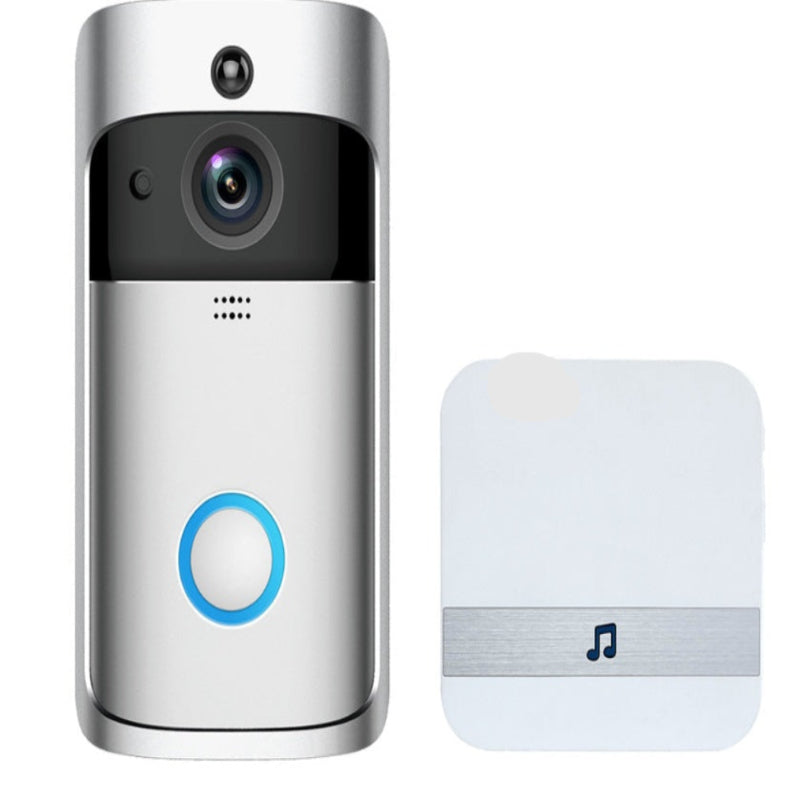 Smart doorbell system with camera and remote control on a white background
