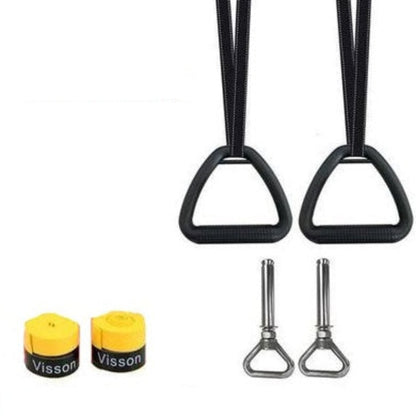 Black gym straps with hooks and Visson brand resistance bands on a white background