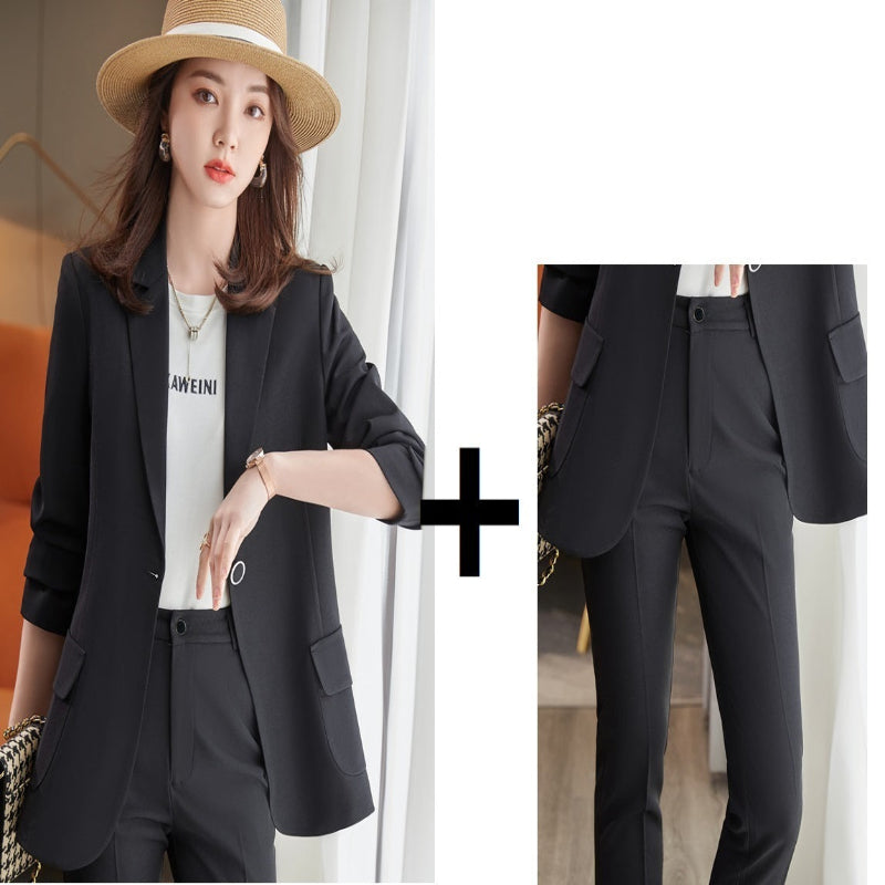 Woman wearing a black blazer coat and pants with a close-up of the garment.
