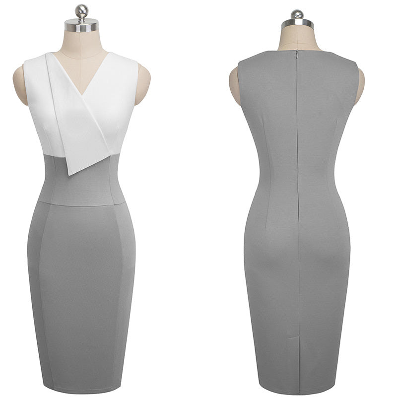 Gray and white dress on a mannequin with front and back views.