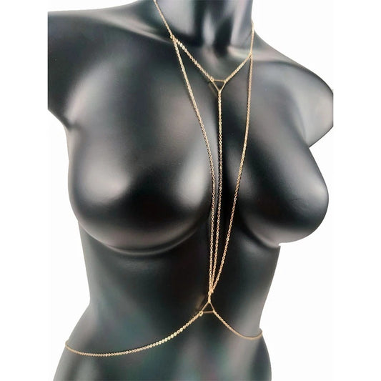 A gold-colored body chain displayed on a mannequin's torso.