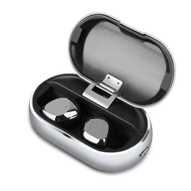 Wireless earbuds in a black and silver case on a white background