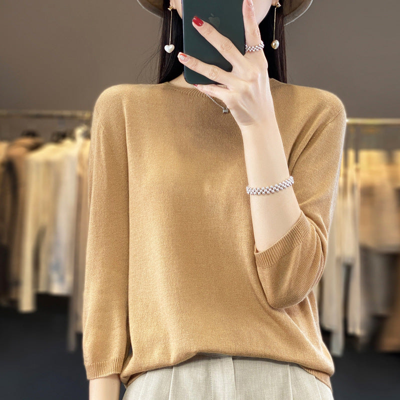 Front Line Ready-made Garments Worsted Sweater Half Sleeve Round Neck Pure Color All-matching Loose T-shirt