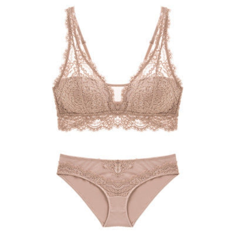 Lace bra and panties set on a white background