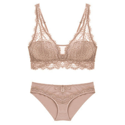 Lace bra and panties set on a white background