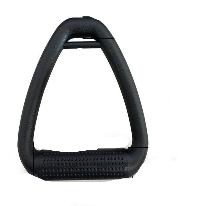 Black stirrup with measurements on a white background