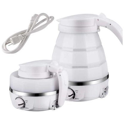 White electric kettle with a power cord on a white background