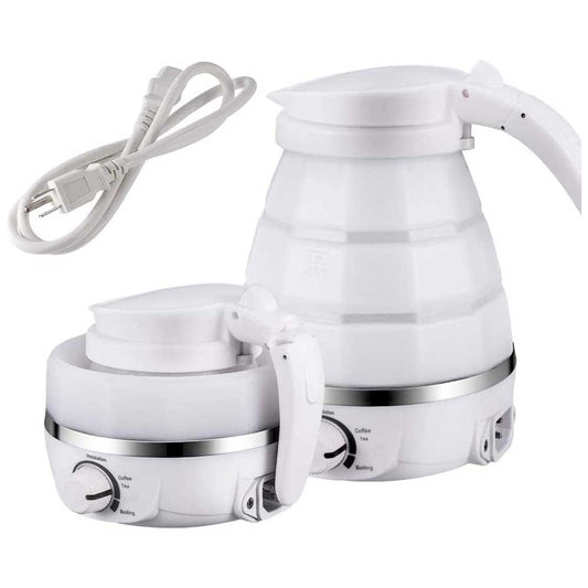 White electric kettle with a power cord on a white background