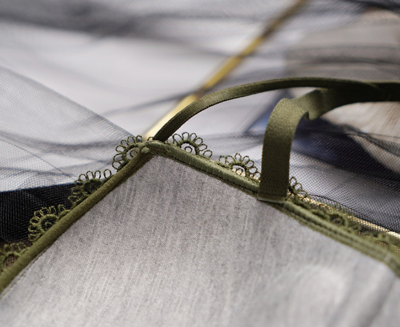 Close-up of a green lace bra against a blurred background