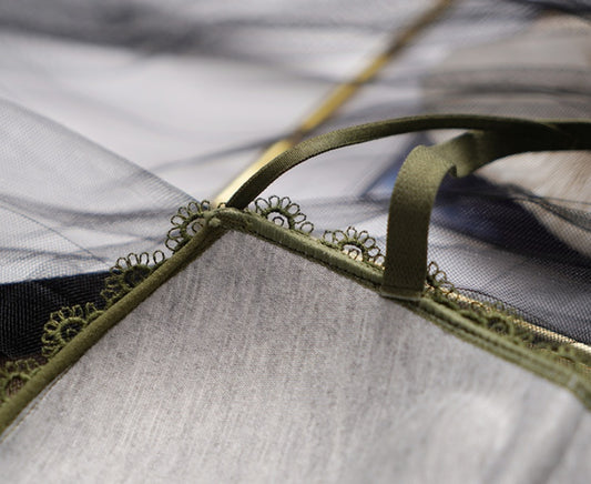Close-up of a green lace bra against a blurred background