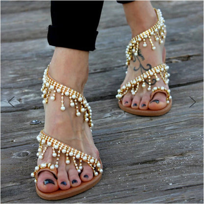 Women Sandals Flat Pearl Comfortable String Bead Slippers