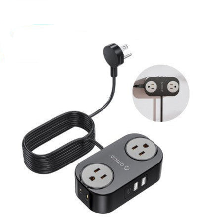 7-in-1 black multi-port adapter with outlets and USB ports on a white background