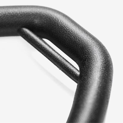 Close-up of a black metal handle on a white background