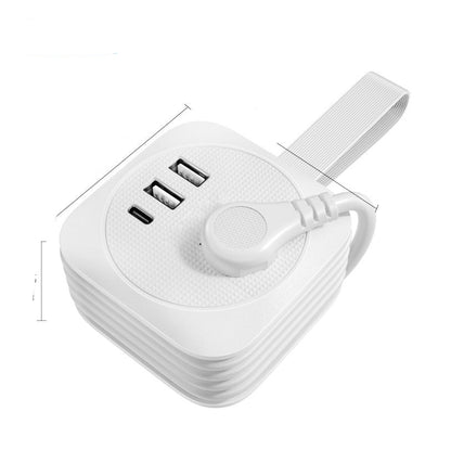 White 5-in-1 adapter with AC outlets and USB ports, showing dimensions on a white background.
