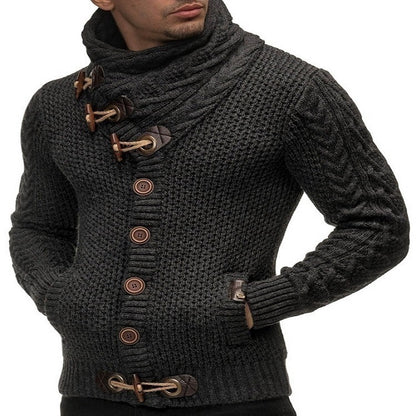 Dark gray knitted sweater with brown buttons on a white background