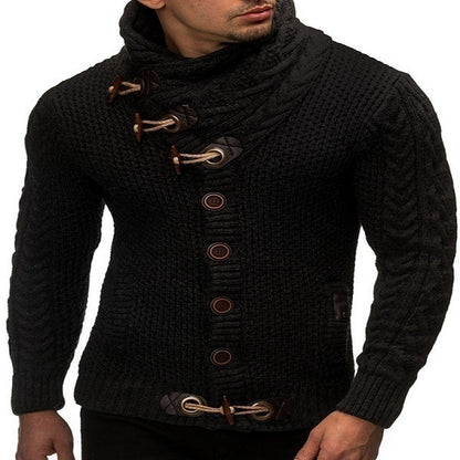 Black knitted sweater with button details on a white background